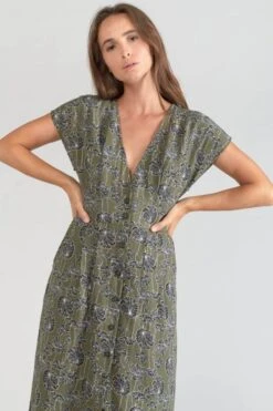 LE TEMPS DES CERISES Robe Longue Croft Kaki à Motif Fleuri
